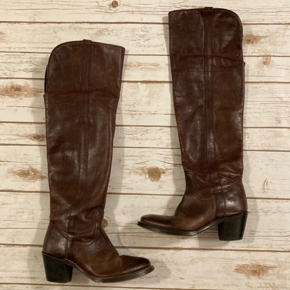FRYE Jane Tall Pull On/Fold Over Boots Dark Brown Vintage Pull-Up Leather Size 6